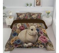 ANALTIRCE Pâques Le Lapin Couette 4 Saisons, Édredon Lit 1 Personnes 140x200cm, Lavable Edredon Toutes Les Saisons en Microfibre, Aquarelle Fleurs Couette d'hiver avec 1 Taie d'oreiller