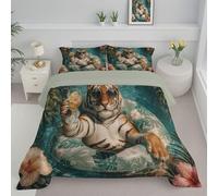 ANALTIRCE Paresseux Tigre Couette 4 Saisons, Édredon Lit 1 Personnes 140x200cm, Lavable Edredon Toutes Les Saisons en Microfibre, Tropical Hibiscus Couette d'hiver avec 1 Taie d'oreiller