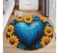 ANALTIRCE Tapis Rond 100cm Lavable Machine, Moquette Antidérapante Poil Bas Abstrait Amour, Motif Effet Apaisant Tournesol Doux pour Salon, Chambre, Cuisine, Nursery, Bureau, Bleu