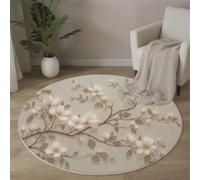 ANALTIRCE Tapis Rond 150cm pour Salon, Simple Magnolia Tapis à Poils Courts Douce Nouvelle Illustration Chinois Lavable, Antidérapant pour Chambre à Coucher, Salle D'étude Et Chambres, Beige