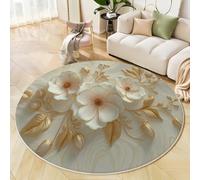 ANALTIRCE Tapis Rond 180cm Lavable Machine, Moquette Antidérapante Poil Bas Reliefs Floraux, Motif Boutons Fleurs Exquis Feuilles Doux pour Salon, Chambre, Cuisine, Nursery, Bureau, Blanc