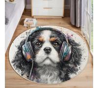 ANALTIRCE Tapis Rond Aquarelle Animaux pour Salon Chambre à Coucher, Tapis Rond Le Chien Écoute De La Musique Lavable en Machine Antidérapant, À Poils Courts et ne Perd Pas Ses Poils, 80cm