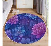 ANALTIRCE Tapis Rond de Salon Bohême Fleurs pour Salle à Manger Bureau Bleu Royal Lavable en Machine et Poil Court Tapis de Chambre Aquarelle Graffiti Fleurs Chambre avec Dos Antidérapant 80cm