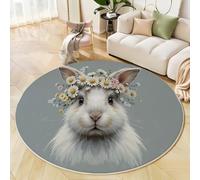 ANALTIRCE Tapis Rond de Salon Daisy Lapin pour Salle à Manger Bureau Gris Lavable en Machine et Poil Court Tapis de Chambre Animaux Vivants Illustrations Chambre avec Dos Antidérapant 150cm