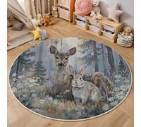 ANALTIRCE Tapis Rond Forêt Lapins Girafes pour Salon Chambre à Coucher, Tapis Rond Aquarelle Forêt Lavable en Machine Antidérapant, À Poils Courts et ne Perd Pas Ses Poils, 120cm