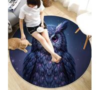 ANALTIRCE Tapis Rond Voie Lactée Animaux 150cm, Lavable en Machine pour Salon, Antidérapant, Imprimé Néon Hibou pour Salle à Manger, Chambre d’Enfant, Nurserie, Bleu