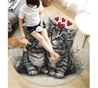 ANALTIRCE Tapis Ronds Gris Lavable en Machine Diamètre 200cm Tapis de Sol Décoration Simple Animal Antidérapant imprimé Peinture À L'Encre Baiser Chat pour Salon Chambre Intérieur