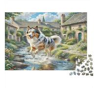 Anatolian Shepherd Dog Papier Premium Mélange de Colley sautant dans Un ruisseau de Village Puzzle à Faire soi-même Jeu Familial Amusant 38x26cm/1000 pièces