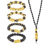 ANATTASOUL Bracelet Feng Shui Réglable Feng Shui Lucky Nafu Richesse Colliers Bracelet de Perles Noires avec Amulette Sculptée à la Main Perle Feng Shui Bracelet Collier Ensemble pour Femmes Hommes