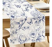 ANATTASOUL Esquisse De Fleurs Et d'oiseaux Chemin de Table Printemps Été Décoration de Table Lin Vintage Lavable Printemps Été Cuisine Table Décoration Intérieur Vacances Décor de fête 33 x 183 cm