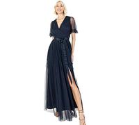Anaya with Love Ladies Maxi Dress for Women V Neckline Short Sleeve Frilly Long Empire Waist for Wedding Guest Bridesmaid Maid of Honour, Robe Femme, Navy,