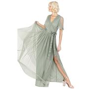 Anaya with Love Ladies Maxi Dress Women V Neckline Short Sleeve Frilly Long Empire Waist for Wedding Guest Bridesmaid Maid of Honour Robe, Frosted Green, 46 Femme