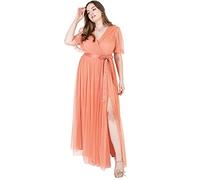 Anaya with Love Ladies Maxi Dress for Women V Neckline Short Sleeve Frilly Long Empire Waist for Wedding Guest Bridesmaid Maid of Honour, Robe Femme, Coral Pink,