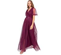 Anaya with Love Ladies Maxi Dress for Women V Neckline Short Sleeve Frilly Long Empire Waist for Wedding Guest Bridesmaid Maid of Honour, Robe Femme, Plum,