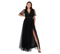 Anaya with Love Ladies Maxi Dress Women V Neckline Short Sleeve Frilly Long Empire Waist for Wedding Guest Bridesmaid Maid of Honour, Black, 50 Femme