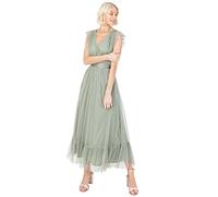 Anaya with Love Ladies Maxi Dress Women V Neckline Sleeveless Frilly for Wedding Guest Bridesmaid Prom Long High Empire Waist Tiered Robe, Frosted Green, 38 Femme