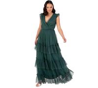 Anaya with Love Women's Maxi Dress Ladies Short Sleeve V-Neck Wrap Tiered Ruffle Tulle A-Line Wedding Guest Bridesmaid Prom Ball Gown, Emerald Green, 48