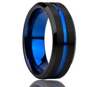 ANAZOZ Bague Acier Tungstène Bicolore Cannelure Homme, Bague Anneau Biseauté 8mm Noir Bleu Fantaisie Taille 62