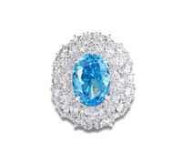ANAZOZ Bague Cocktail Or Blanc, Anneau Incrustée de Topaze Bleu Ovale et Moissanites, Bague Fiançailles Femme Or 14 carats VéritableSomptueuse Taille 52, Bijou Personnalisé Style 265