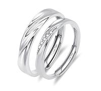 ANAZOZ Bague de Fiançailles 2PCS Gravée I Love You, Bague en Argent 925 Réglable Anneau Orné de Vagues et Oxydes de Zirconium Fantaisie pour Saint Valentin