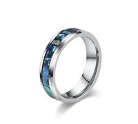 ANAZOZ Bague Homme Acier Tungstène Incrustée de Motif Coquille d'Ormeau, Anneau Argenté Cannelé 6mm Fantaisie Taille 55
