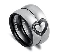 ANAZOZ Bague Homme Noir Acier Inoxydable Taille 62.5, Anneau Cœur Serti de Zirconium, Alliance Mariage I Love You Fantaisie Femme
