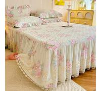 ANAZOZ Drap Housse et 2 Taies d'oreiller Coton, 150x200cm, Jupe de Lit Broderie Dentelle Imprimé Floral, Beige Vert Rose Clair, Couvre-Matelas Matelassé Haute Qualité, Style 16