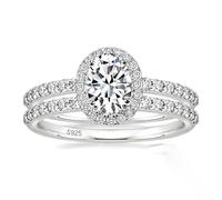 ANAZOZ Lot de 2 Bagues Femme Anneau Empilable en Argent 925, Bague Mariage Incrustée de Zirconium Ovale 1.5ct, 6x8mm Argent Fantaisie Taille 60