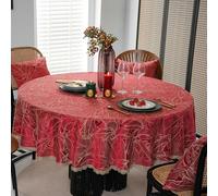 ANAZOZ Nappe Ronde 200CM, Jacquard Feuilles Dentelle Doré, Rouge, Nappe Vintage, Style B, Couverture Protection Décorative