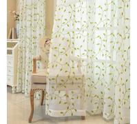 ANAZOZ Rideau Voilage Chambre 140x260cm Beige Vert à Œillet, Lot de 2 Rideaux Fenetre Salon Motif Feuilles Brodées Moderne