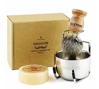 Anbbas 4 kits Blaireaux Rasage avec la Poignée en Bois de Fraxinus Mandschurica et Bol de rasage en Acier Inoxydable et Support Rasoir+Savon au lait de chèvre 100g pour Homme Brosse
