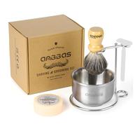 Anbbas Blaireau de rasage en poils de blaireau avec manche en bois, rasoir et support de brosse, bol de rasage avec barre de savon de rasage 4 en 1 pour homme