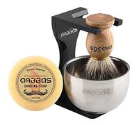 Anbbas Blaireau Rasage avec la Poignée en Bois de Fraxinus Mandschurica et Bol de rasage en Acier Inoxydable et Savon et support de Rasoir pour homme Set Rasage