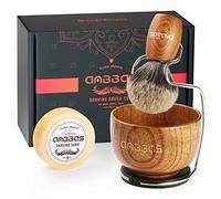 Anbbas Kit de rasage 4 en 1, blaireau en poils de blaireau purs, manche en bois et grand porte-savon, support de rasage en acier inoxydable avec recharge de savon de rasage naturel de 3,5 oz, pour