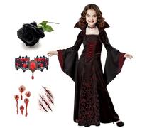 Anbnoco Déguisement Vampire Fille, Costume Halloween Enfant, Gothique Robe Vampire avec Collier, Rose Noire, Autocollant de Tatouage, pour Halloween, Carnaval, Cosplay, Fête à Thème (120cm)