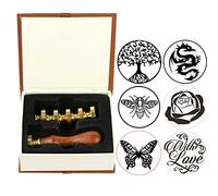 Anbose Ensemble de Cachet de Cire d'Abeille - Motif Papillon, Dragon, Rose, Arbre - Kit Comprenant 6 Tampons à Cacheter en Cuivre + 1 Hache en Bois