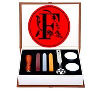 Anbose Ensemble de cachet de cire en forme de lettre F comprenant 1 sceau en cuivre avec poignée en bois, 3 bâtons de cire, 1 cuillère à fondre et 2 bougies blanches (Letter-F)