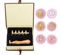 ANBOSE Kit de cachet de cire à cacheter avec 6 têtes amovibles en laiton et 1 poignée en bois, tampon de cire rétro pour cartes, invitations