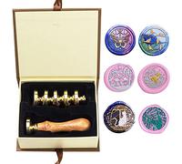 ANBOSE Kit de cachet de cire à cacheter rétro avec 6 têtes en laiton amovibles et 1 poignée en bois pour cartes, invitations