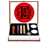Anbose - Kit de cachet de cire en forme de lettre E - Comprend 1 sceau en cuivre avec poignée en bois, 3 bâtons de cire, 1 cuillère à fondre et 2 bougies blanches (Letter-E)