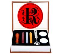 Anbose Kit de cachet de cire Lettre R pour cacheter la cire avec 1 manche en bois, 3 bâtons de cire, 1 cuillère à fondre et 2 bougies blanches (Letter-R)