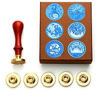 Anbose Kit de cachet de cire pour cire, étoiles et montagnes avec 6 sceaux en cuivre et 1 hilt en bois, style rétro vintage pour lettres et cartes d'invitation