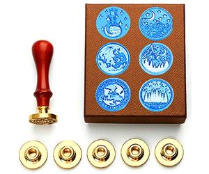 Anbose Kit de cachet de cire pour cire, étoiles et montagnes avec 6 sceaux en cuivre et 1 hilt en bois, style rétro vintage pour lettres et cartes d'invitation