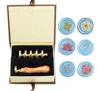 ANBOSE Lot de 6 cachets de cire à cacheter en forme de fleur avec 6 têtes amovibles en laiton et 1 poignée en bois - Tournesol, trois fleurs, lotus, pissenlit pour cartes et invitations