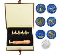 ANBOSE Sceau de cire à cacheter avec 7 têtes en laiton amovibles et 1 poignée en bois - Motif chat, baleine, papillon, hirondelle, loup pour cartes et invitations