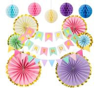 ANBOWEI Décoration Anniversaire Pastel Reusable, Macaron Banderole Joyeux Anniversaire pour Fille Femme avec Guirlande Happy Birthday, Fanion, Éventail Papier, Boules Alvéolées