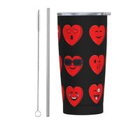 Anceky Gobelet isotherme en acier inoxydable avec couvercle et paille pour la Saint-Valentin, motif cœurs et visages idiots, 590 ml