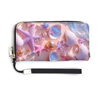 Anceky Portefeuille dragonne Coquillage étoile de mer Perle pour Femme, Portefeuille en Cuir zippé Grande capacité avec Porte-Cartes et Porte-téléphone, Pochette Longue idéale pour Les Voyages