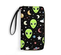 Anceky Portefeuille pour Carte de crédit pour Femme, Pochette zippée pour téléphone avec dragonne, Poches Multiples, idéal pour Les Voyages, Motif Extraterrestre Amusant, planète Verte et Noire
