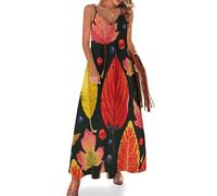 Anceky Robe Longue à col en V et Bretelles Spaghetti réglables pour Femme, idéale pour l'été, la Plage ou l'automne, avec Motifs de Feuilles et de Baies